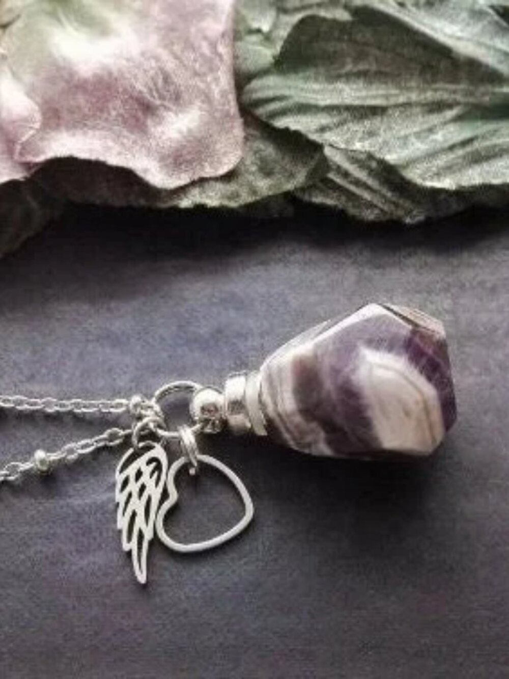 Chevron Amethyst Crystal Vial Perfume Bottle Necklace Pendant Purple Stone